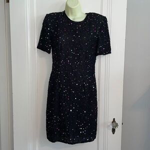Vtg 80s Stenay black silk party dress/black beads/multi colored spangles/sequins
